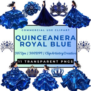 Quinceanera Royal Blue clipart bundel PNG transparante achtergrond digitale download, feestjurk clipart, koninklijke jurk clipart, kroon clipart
