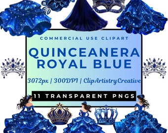 Quinceanera Royal Blau Clipart Bundle PNG transparenter Hintergrund digitaler Download, Partykleid Clipart, Königskleid Clipart, Krone Clipart