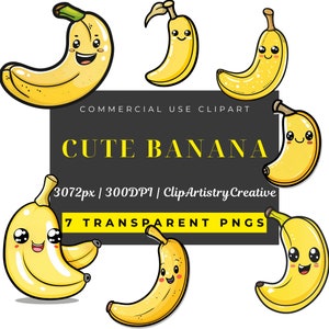 Niedliche Banane Clipart Bundle, PNG transparenter Hintergrund, sofortiger digitaler Download, niedliche Cartoon Obst Lebensmittel Clipart, gesunde Planer Tracker