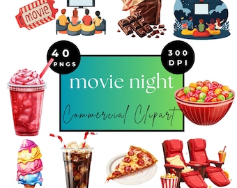 Movie Night clipart PNG transparante achtergrond digitale download | Filmclipart | familienacht clipart | date night clipart | popcorn, png