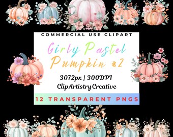 Girly Pastel Pumpkin Halloween clipart bundle PNG transparent background digital download, Scrapbooking Junk Journal clipart commercial use