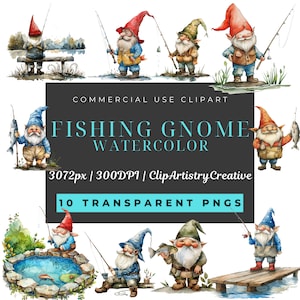 Watercolor Fishing Gnome clipart bundle PNG transparent background digital download, Watercolor Fishing Gnome fishing rod fishing pond PNG