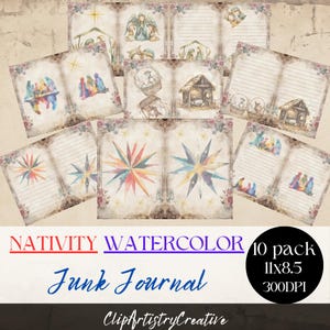 Nativity Watercolor Junk Journal Digital Printable Paper, Religious Jesus Digital Journal Pages, Paper Craft, 11 x 8.5