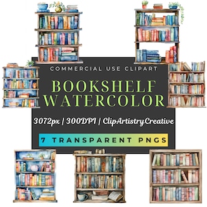 Bookshelf Watercolor clipart PNG transparent background instant digital download, academia clipart, bookshelves watercolor, home office PNG