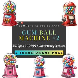 Gum Ball Machine clipart bundle PNG transparent background digital download, Candy clip art, red gum ball machine clip art