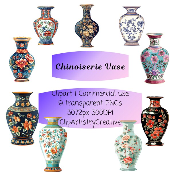 Chinoiserie Vase clipart bundle PNG images transparent background digital download, Chinese vase clipart images, patterned vase clipart