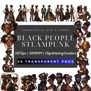 Black People Steampunk Clipart bundle PNG transparent background digital download, Steampunk clip art, Black people clip art, Victorian png