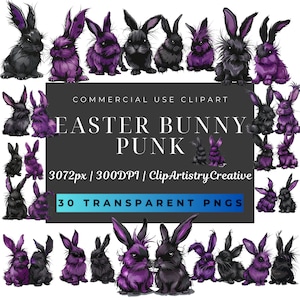 Puede incluir: Un conjunto de 30 ilustraciones digitales de conejos de Pascua con peinados punk. Los conejos están en varias poses y tienen diferentes colores de pelaje, incluyendo negro, morado y blanco. Las ilustraciones son perfectas para agregar un toque divertido y atrevido a tus proyectos de Pascua.