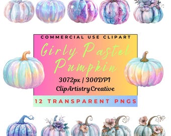 Girly Pastel Pumpkin clipart bundle PNG transparent background digital download, cute pretty Halloween pumpkins, Scrapbooking clipart
