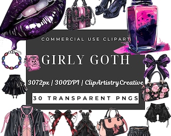 Girly Goth clipart bundle PNG transparent background digital download, Girly clip art, Goth clip art, black things clipart,Goth Girl clipart