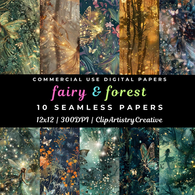 Beautiful Fairy in a Forest Digital Paper Seamless Background ...
