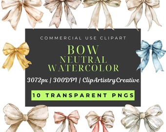 Watercolor Bow Ribbon Neutral clipart bundle PNG transparent background instant digital download, girly bow clip art, coquette images PNG