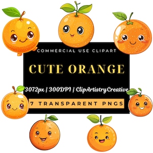 Uroczy pomarańczowy pakiet clipartów PNG przezroczyste tło natychmiastowe pobieranie cyfrowe, uroczy kreskówkowy owoc jedzenie clipart, zdrowy planer śledzenia