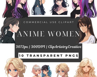 Pacchetto clipart Anime Women PNG sfondo trasparente download digitale, pacchetto bundle clip art anime, immagini anime femminili, clipart ragazze anime