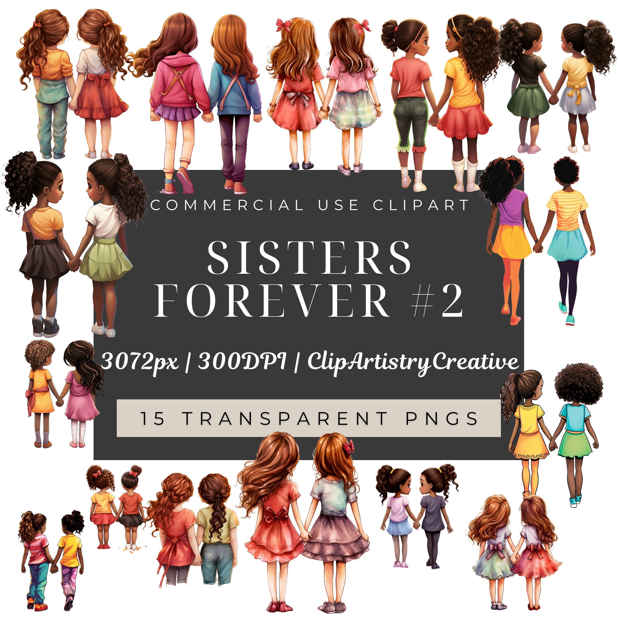 Sisters forever Sisters facing back Clipart bundle PNG transparent background digital download, sisters clip art, best friend clipart