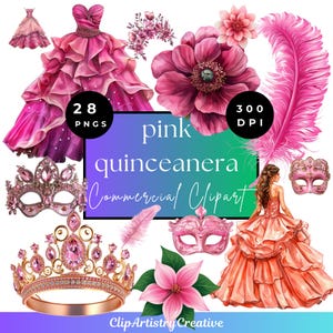 Quinceanera rosa Kleid Clipart PNG transparenter Hintergrund digitaler Download, Geburtstagsparty Kleid Clipart, königliches Kleid Clipart, Krone Clipart