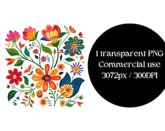 Mexican Fiesta Flowers Clipart, Vibrant Watercolor Otomi Floral Graphics, Cinco de Mayo Party Art, Unique Mexican Floral PNG, Commercial Use