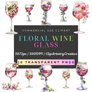 Floral Wine Glass clipart bundle PNG transparent background digital download, Wine clip art, Colorful clipart, Wine glass clip art