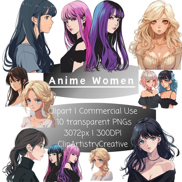 Anime Women clipart bundle PNG transparent background digital download, anime clip art bundle pack, anime female images, anime girl clipart