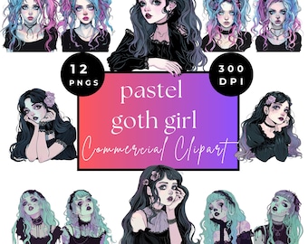 Paquete de imágenes prediseñadas de chica gótica pastel PNG con fondo transparente, descarga digital / bonita mujer gótica de Halloween, mujer gótica emo / cabello pastel png