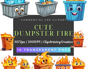 Cute Dumpster Fire clipart bundle PNG transparent background digital download, Cute Garbage Fire clipart, Cute Bin Fire clipart