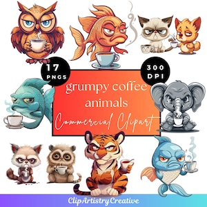 Può includere: Illustrazioni digitali di animali scontrosi che bevono caffè. L'immagine mostra un gufo, un pesce, un gatto, un cane, un elefante, una tigre, un procione e altre creature, tutte con un'espressione scontenta. Testo: "grumpy coffee animals Commercial Clipart."