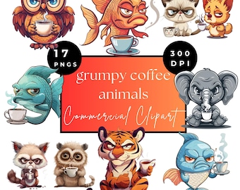 Paquete de imágenes prediseñadas de animales de café gruñones PNG fondo transparente descarga digital / Lindos animales enojados con café / Café gruñón enojado PNG
