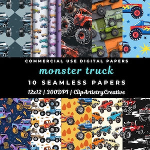 May include: A collection of ten seamless digital papers featuring monster truck designs. The papers showcase various color schemes and patterns, including trucks on patterned backgrounds. The text "monster truck" is displayed prominently, along with details about the papers.