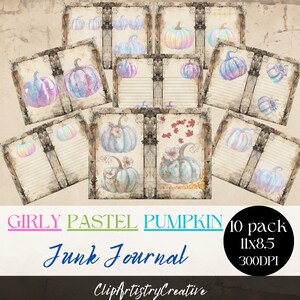 May include: A set of 10 printable junk journal pages featuring pastel coloured pumpkins with a vintage aesthetic. The pages are 11x8.5 inches and 300 DPI. Girly Pastel Pumpkin Junk Journal.