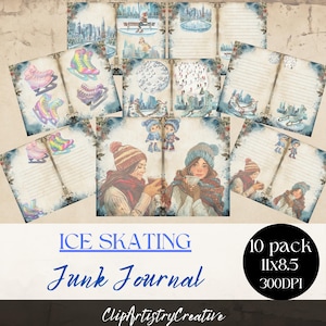 Ice Skating Junk Journal Digital Printable Paper, Winter Fun Christmas Holidays 10 Digital Journal Pages, Paper Craft, 11 x 8.5