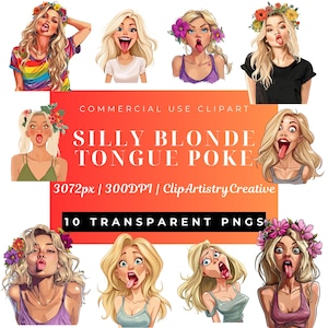 Pacote de clipart de loiras bobas cutucando a língua para fora PNG fundo transparente download digital, garotas bobas senhora boba garotas loucas garotas peculiares