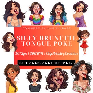Silly Brunette Tongue Poke clipart bundle PNG transparent background digital download,funky girl clipart Silly Girls Silly Lady Quirky Girls