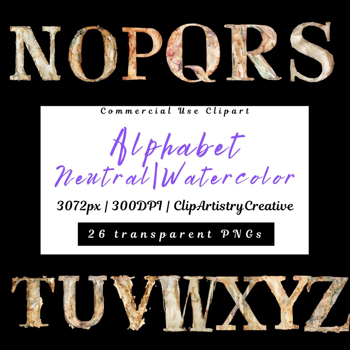 Alphabet Neutral Watercolor PNG Transparent Background Clipart Bundle ...