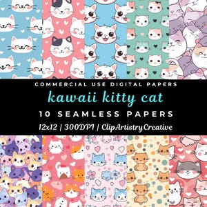 Kawaii Kitty Cat Digital Paper Seamless Background Commercial Use Digital Download | Junk Journal Scrapbooking cartoon cat digital papers