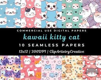 May include: A collection of ten seamless digital papers featuring adorable kawaii kitty cat designs. The patterns include various colors and cat illustrations, with the text "kawaii kitty cat" and "10 seamless papers" visible.
