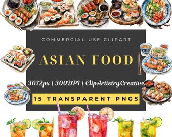 Asian Food Drinks clipart bundle PNG transparent background digital download, food clip art, Chinese clipart, Japanese clipart