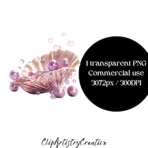 Pearls clam clipart PNG image illustration transparent background instant digital download, image of pink pearls in a clam