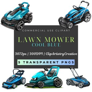 Peut inclure: Cinq tondeuses à gazon bleues différentes, chacune avec un design unique. Les tondeuses sont toutes dans un style cartoon et présentent une variété de caractéristiques, notamment des roues, des poignées et des lames. L'image est sur un fond blanc.