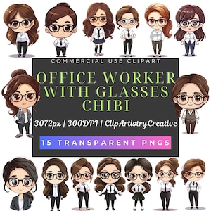 Peut inclure: Ensemble de 15 illustrations numériques de travailleurs de bureau de dessin animé portant des lunettes. Les personnages sont tous des femmes avec des coiffures et des tenues différentes. Les illustrations sont dans un style chibi, qui est un style de dessin animé japonais qui présente des personnages avec de grosses têtes et de petits corps. Les illustrations sont parfaites pour une utilisation dans des projets numériques, tels que des sites Web, les médias sociaux et les présentations.