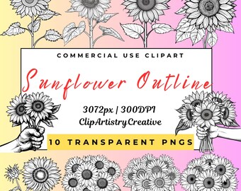 Girasole Contorno floreale linea arte colorazione clipart PNG sfondo trasparente download digitale immediato, ricamo fiore sole clipart