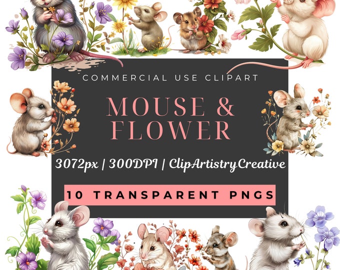 Mouse and Flower Clipart Bundle PNG Transparent Background Instant ...