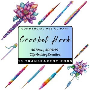 Crochet Hook clipart bundle PNG transparent background digital download, crocheting clip art images, pretty crochet hook PNG