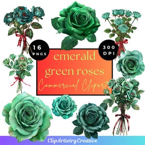 Emerald Green Roses PNG clipart transparent background digital download | Wedding and bridal florals | green rose green bouquet