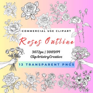 Roses Outline line art coloring clipart PNG transparent background instant digital download, roses embroidery clipart