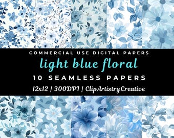 Light Blue Floral Seamless Digital Paper Pack Digital Background Commercial Use, Scrapbook Pages, Colorful Flowers digital paper design