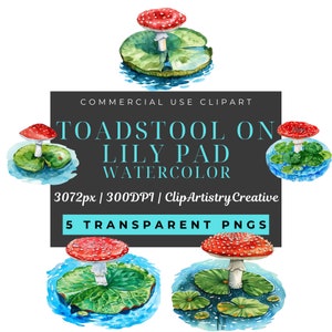 Ensemble de cliparts aquarelle sur nénuphar, téléchargement numérique de fond transparent PNG, pack d'images clipart champignon vénéneux, aquarelle png