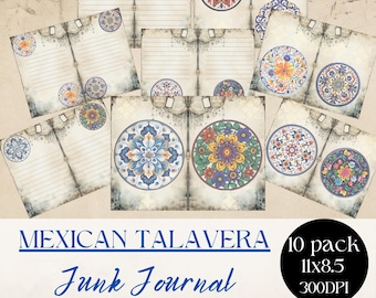 Mexican Talavera Junk Journal Digital Printable Paper, Mexican designs Digital Journal Pages, Paper Craft, 11 x 8.5