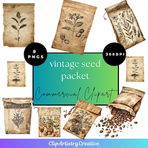 Vintage Seed Packet clipart PNG transparent background digital download, scrapbooking junk journal antique clipart images, worn seed packet