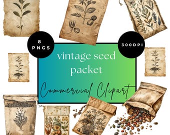Paquete de semillas vintage clipart PNG fondo transparente descarga digital, imágenes prediseñadas antiguas de diario basura de scrapbooking, paquete de semillas desgastado