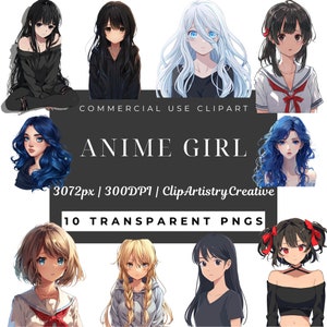 Anime Girl clipart bundle PNG transparent background digital download, anime clip art bundle pack, anime female images, anime women clipart